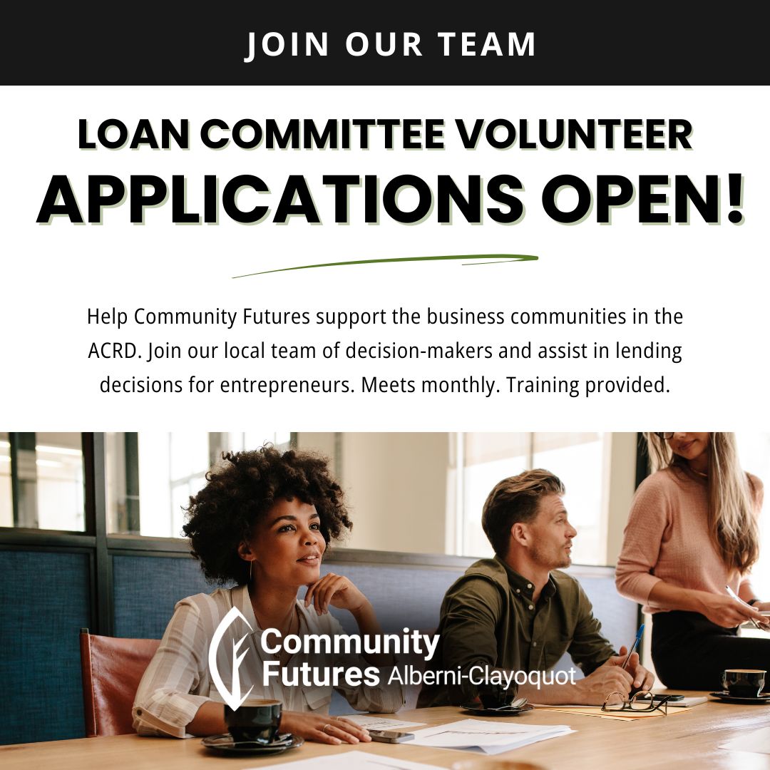 Image of person at a desk. text: Loan Committee Volunteer Applications Open! Help Community Futures support the business communities in the ACRD. Join our team of decision-makers and assist in lending decisions for entrepreneurs. Training provided.